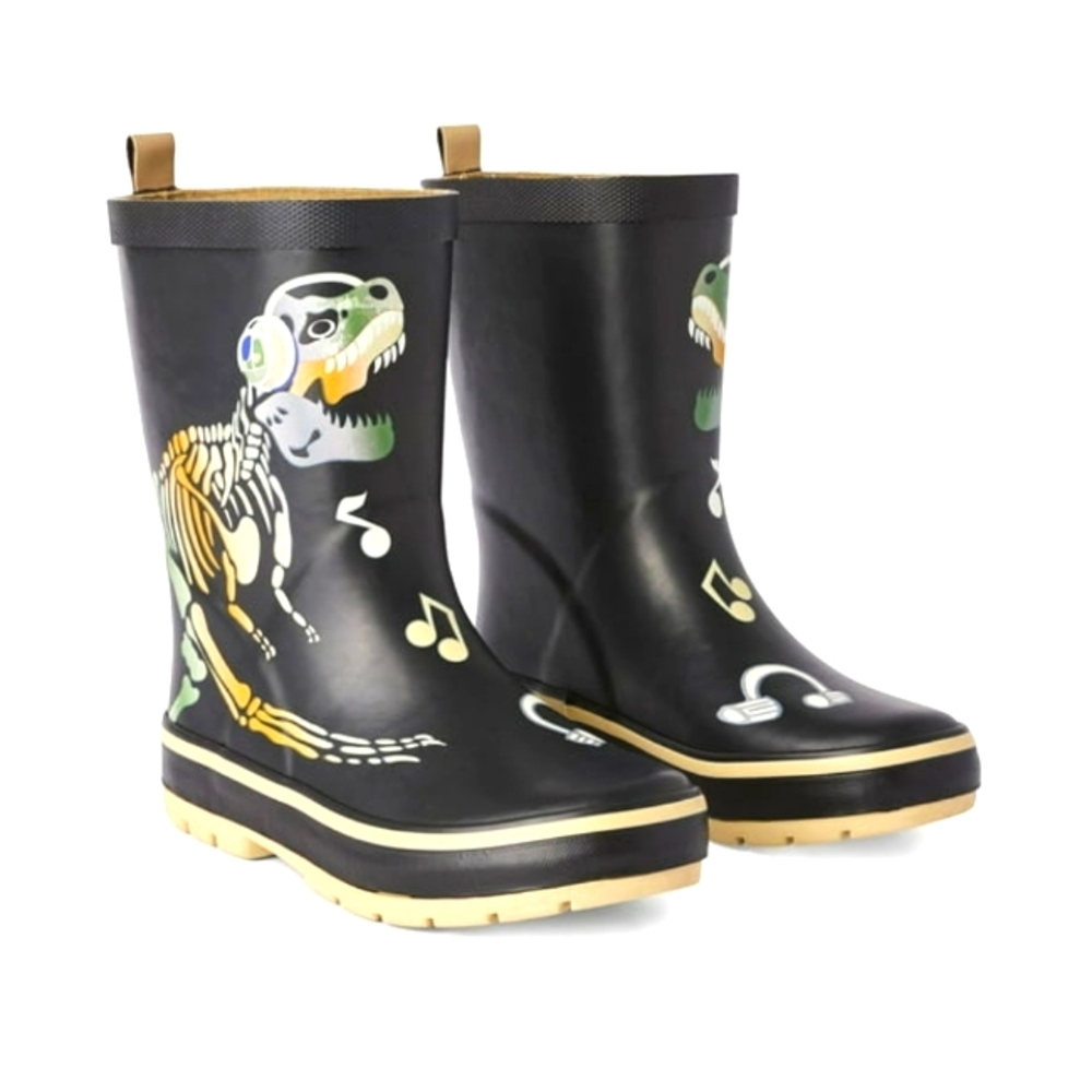Kids Black Dino Music Rain Boots
